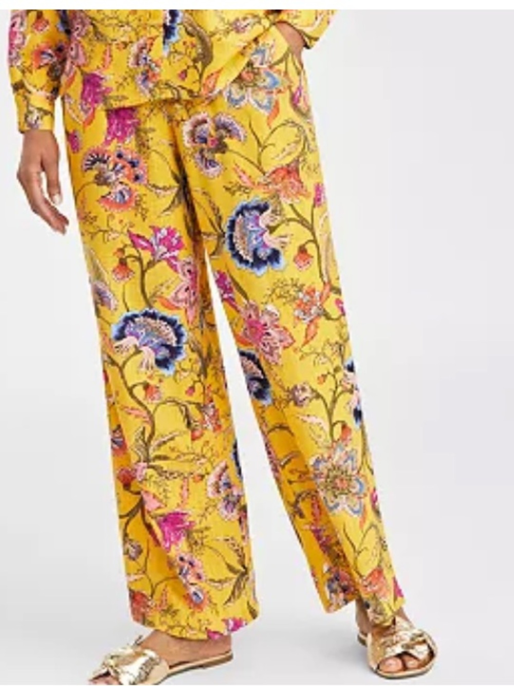 NWT JM Collection Yellow Floral Wide-Leg Pull-On Pants